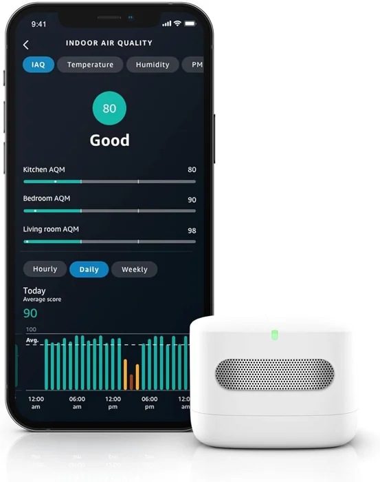 Amazon Smart Air Quality Monitor beside a phone showing the Alexa app's indoor air quality screen