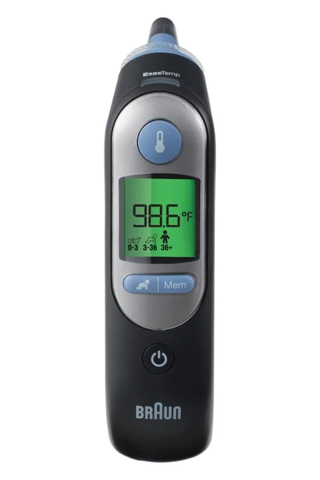Braun ThermoScan 7 digital ear thermometer, black, displaying 98.6 degrees