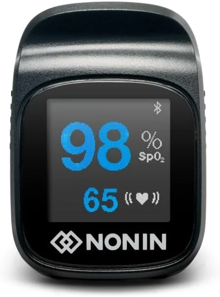 Nonin TruO2 OTC fingertip pulse oximeter showing an SpO2 and pulse reading